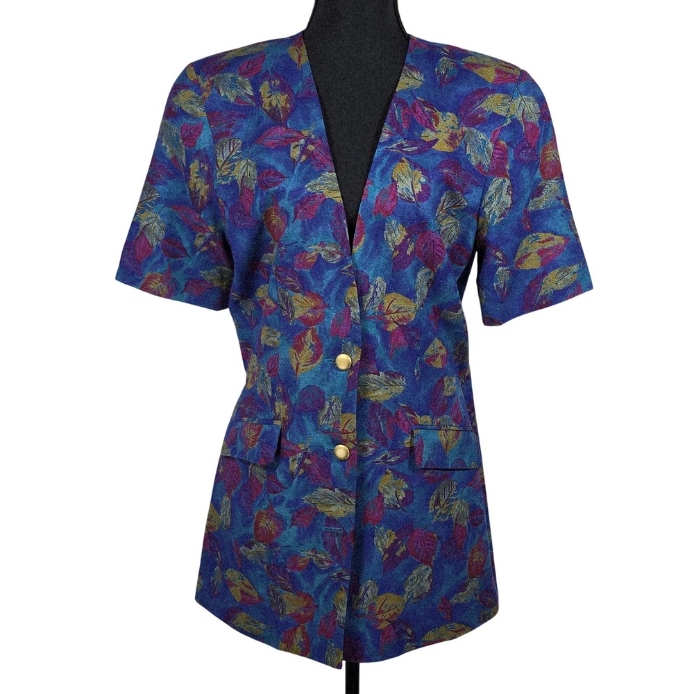 VTG George Georgiou Womens 100% Silk Leaf Print Blazer Blue Purple Woman 10 Boho